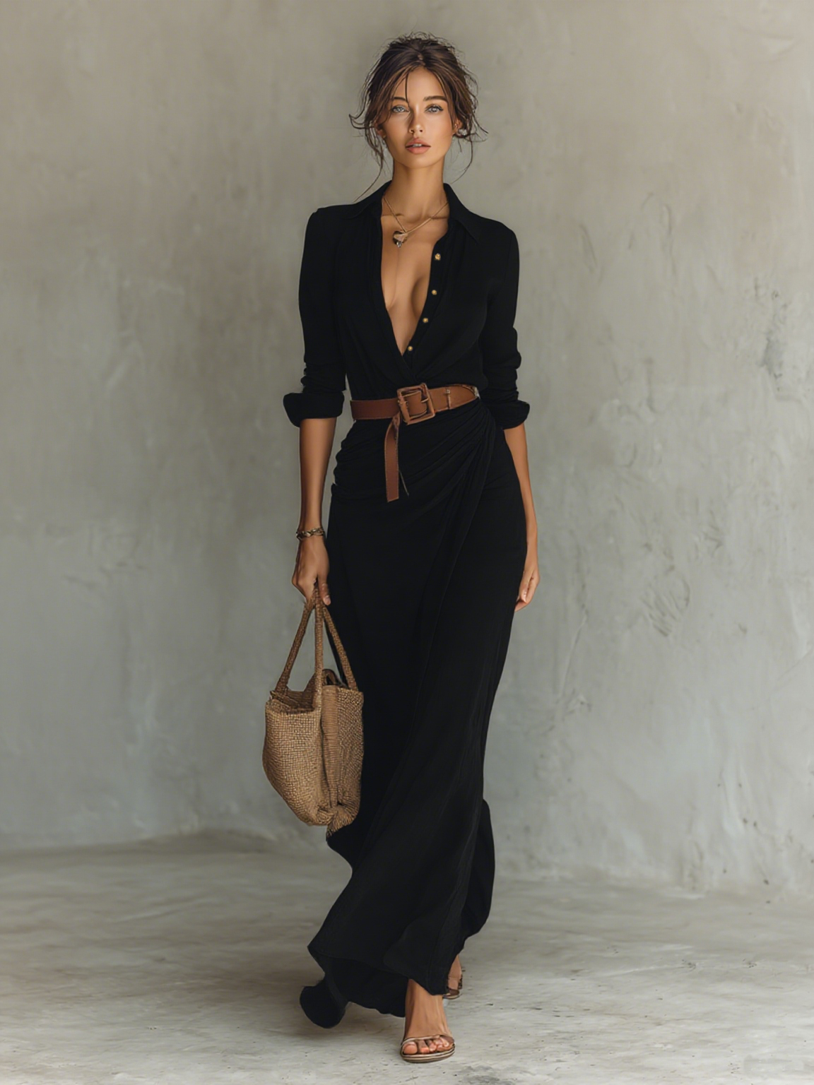 Vestido Maxi Largo con Cuello de Solapa y Cintura Incluida