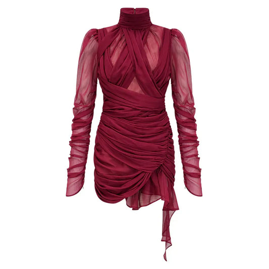 Talía – Vestido mini fruncido asimétrico burdeos