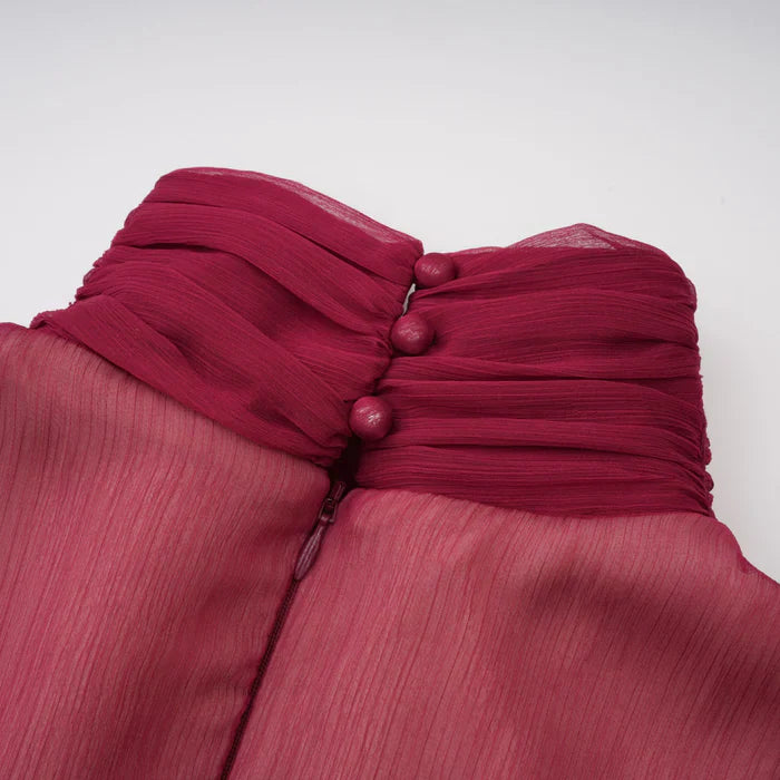 Talía – Vestido mini fruncido asimétrico burdeos