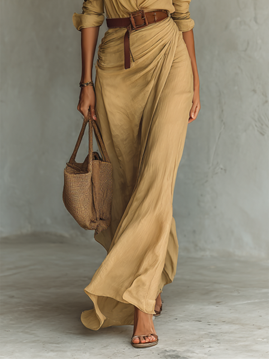 Vestido Maxi Largo con Cuello de Solapa y Cintura Incluida